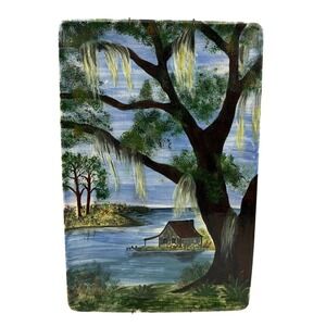 Vintage Hand‎ Painted Ceramic Bayou Wall Plaque Live Oak Spanish Moss 13x8.5